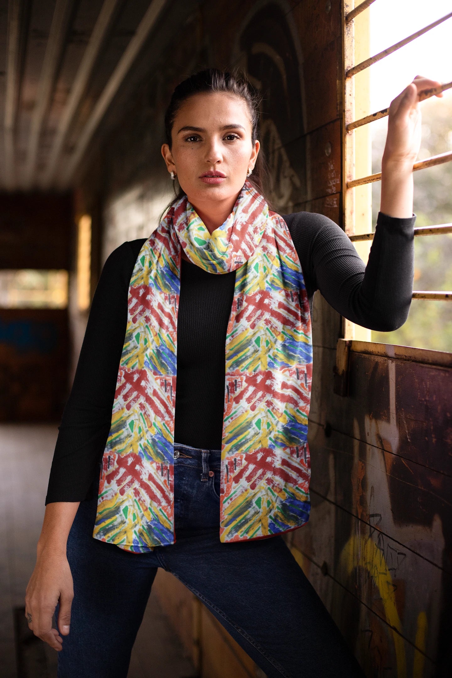 Festive Silk Scarf in Rich Red, Bright Yellow and Deep Blue