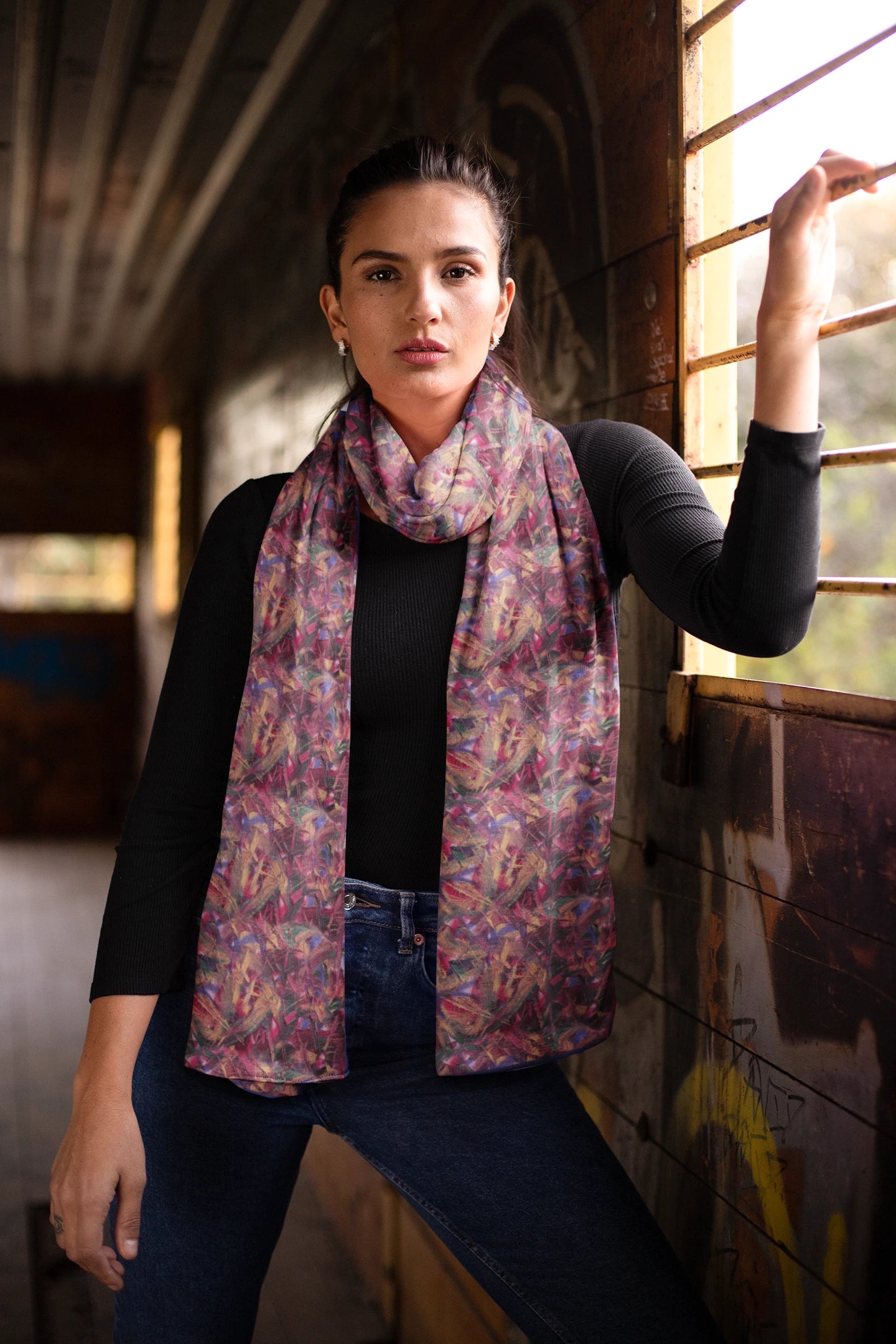 Expressive Silk Scarf in Red, Gold and Purple