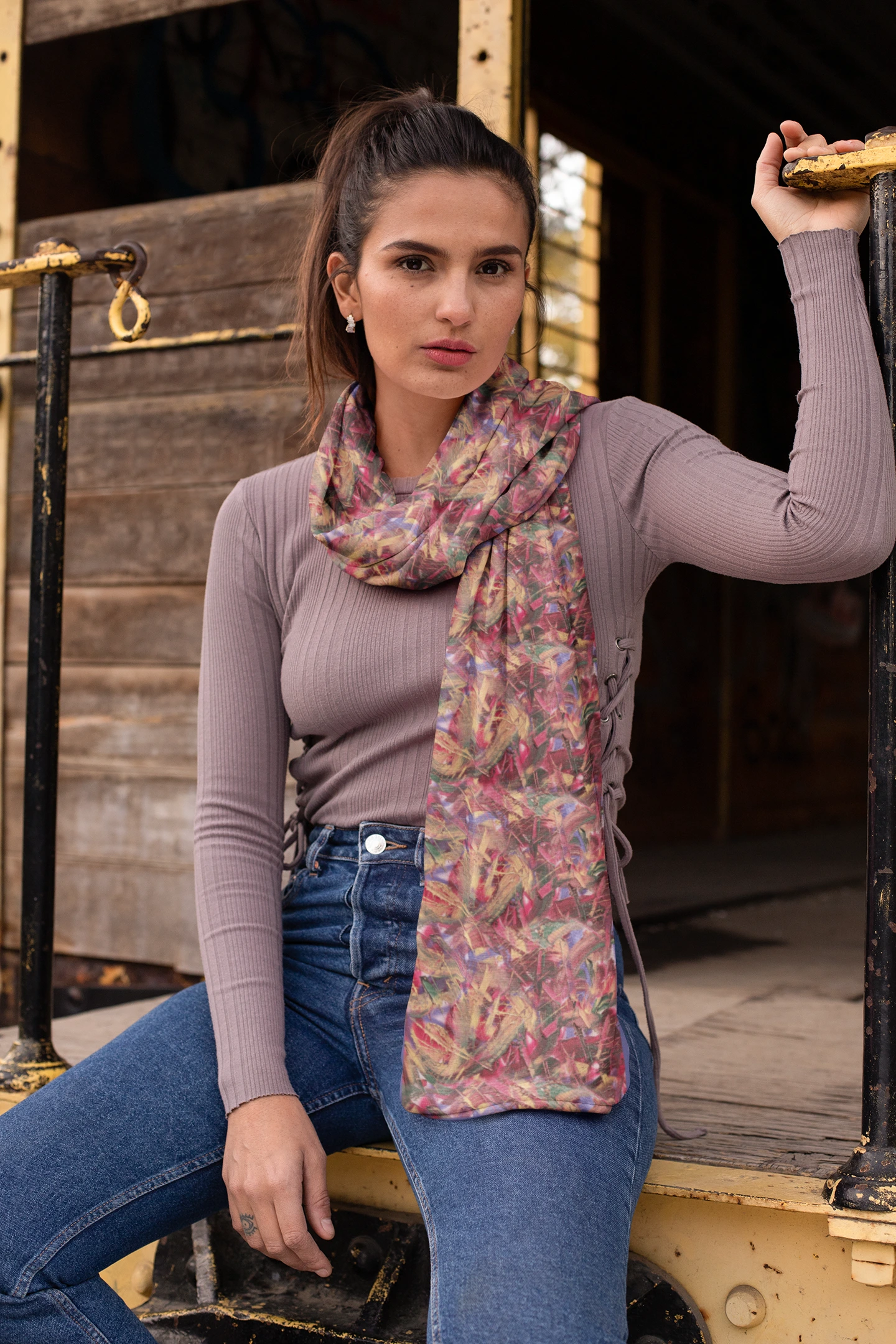 Expressive Silk Scarf in Red, Gold and Purple