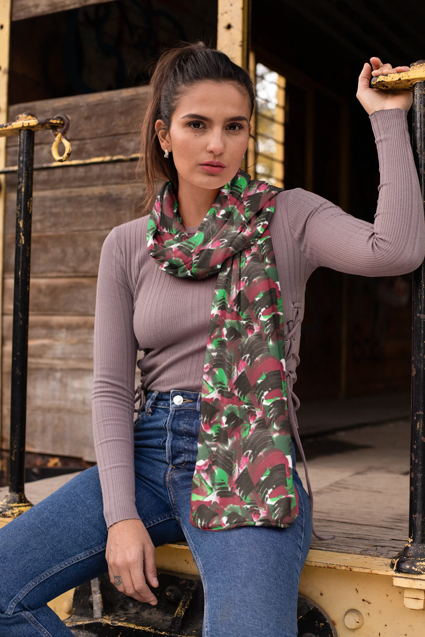 Bold Silk Scarf in Black Arcs and Red Splashes