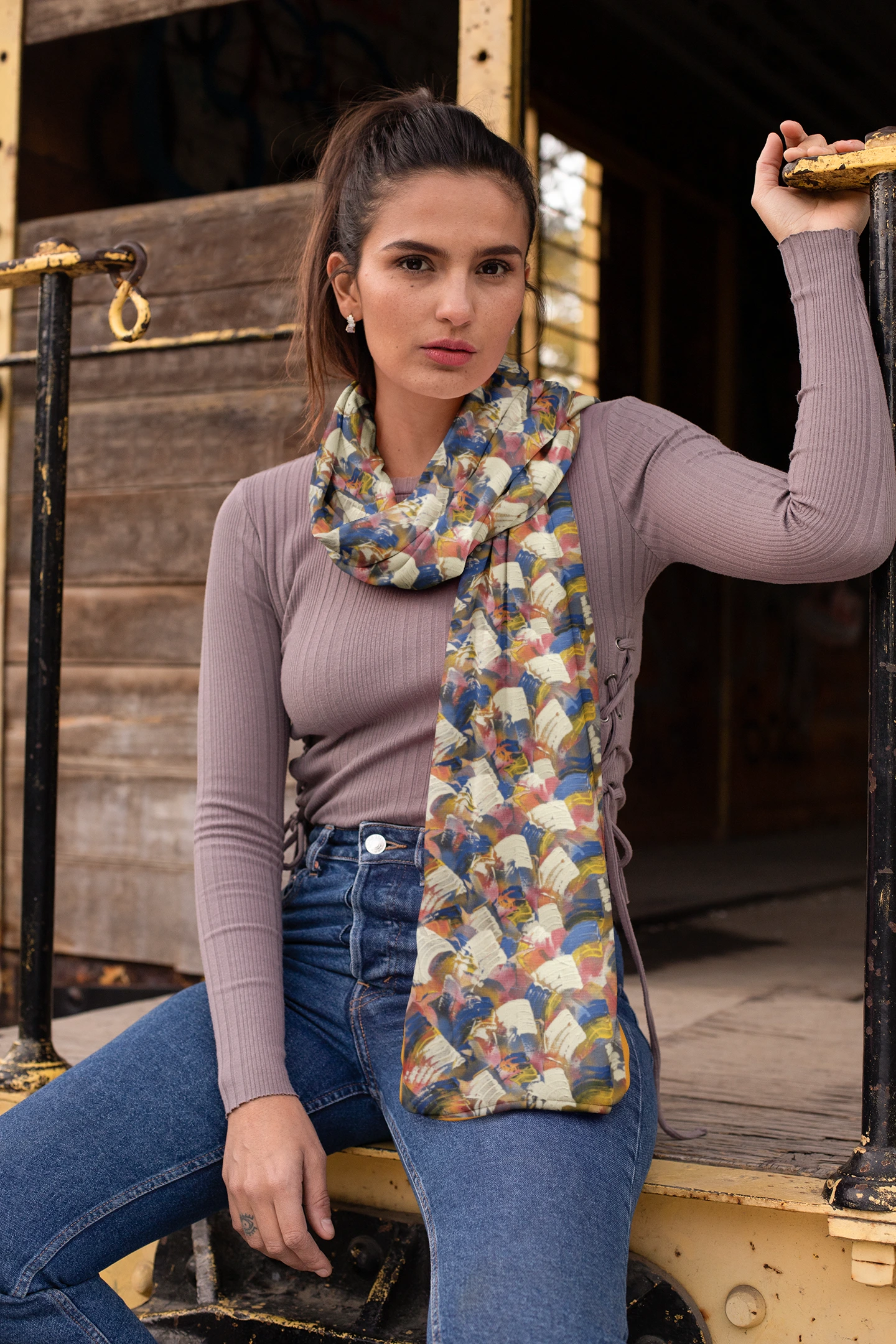 Joyful Silk Scarf in Blue, Yellow and Contrasting White