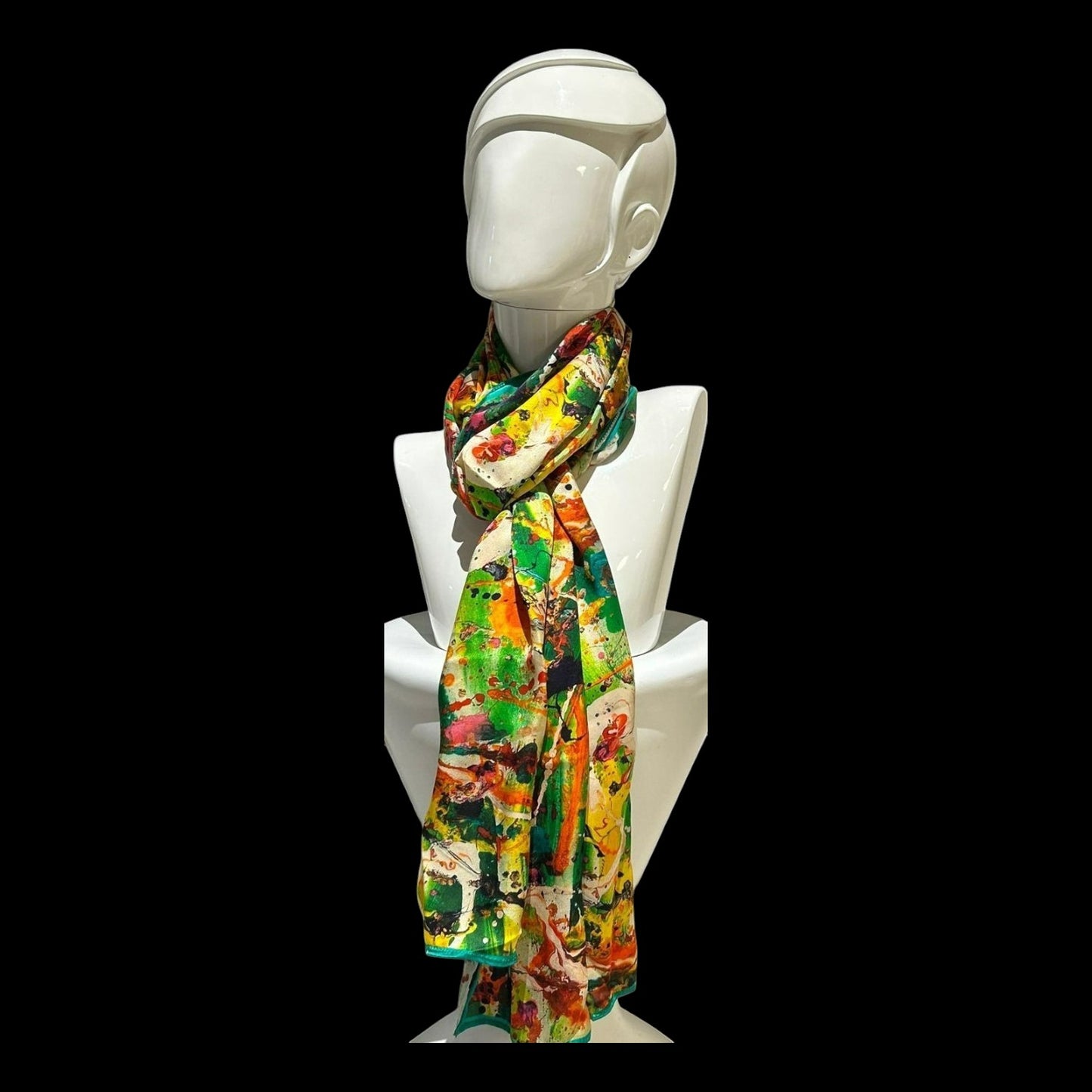 Harmonious Silk Scarf in Lively green, Fiery Orange and Soft Purple