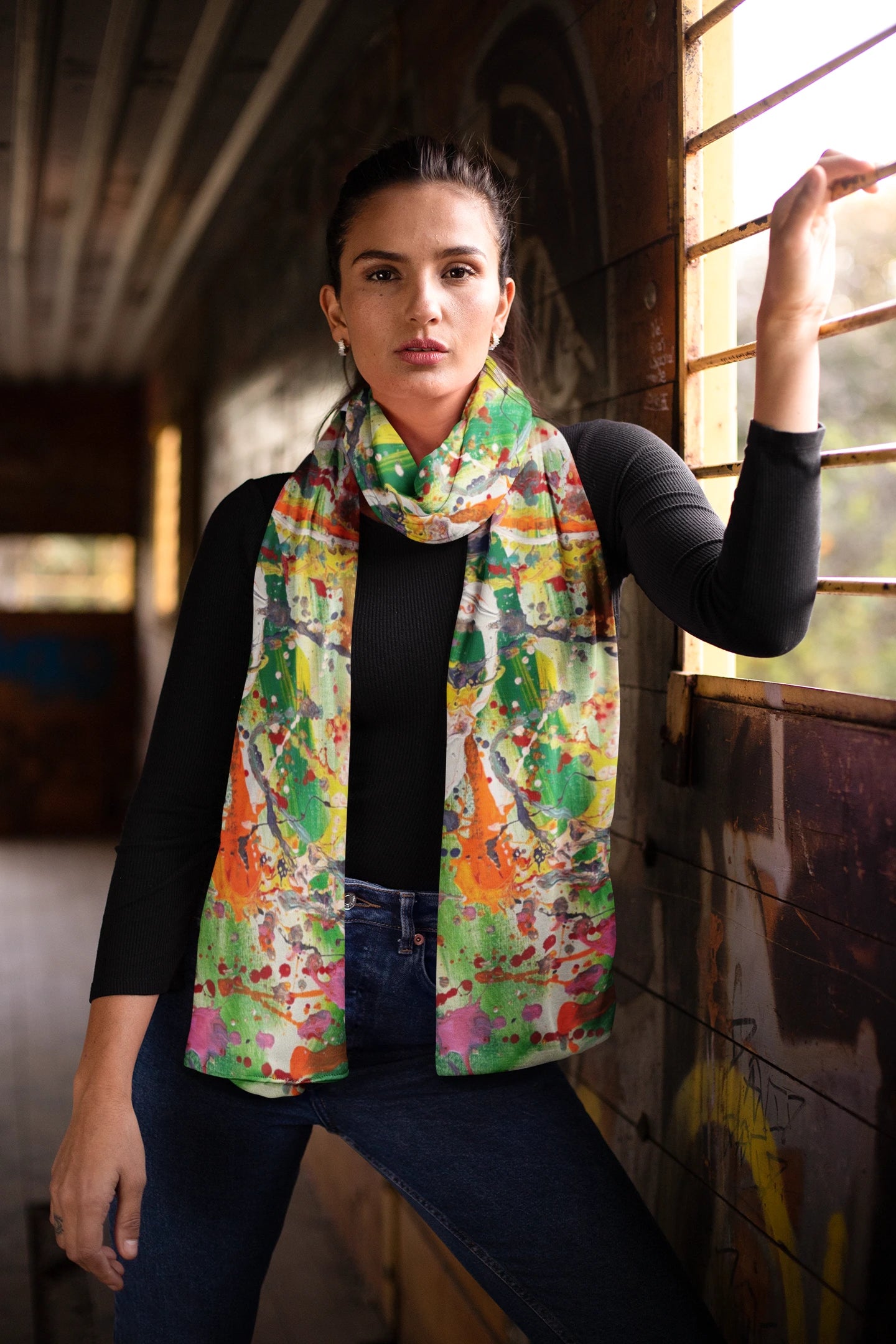 Harmonious Silk Scarf in Lively green, Fiery Orange and Soft Purple