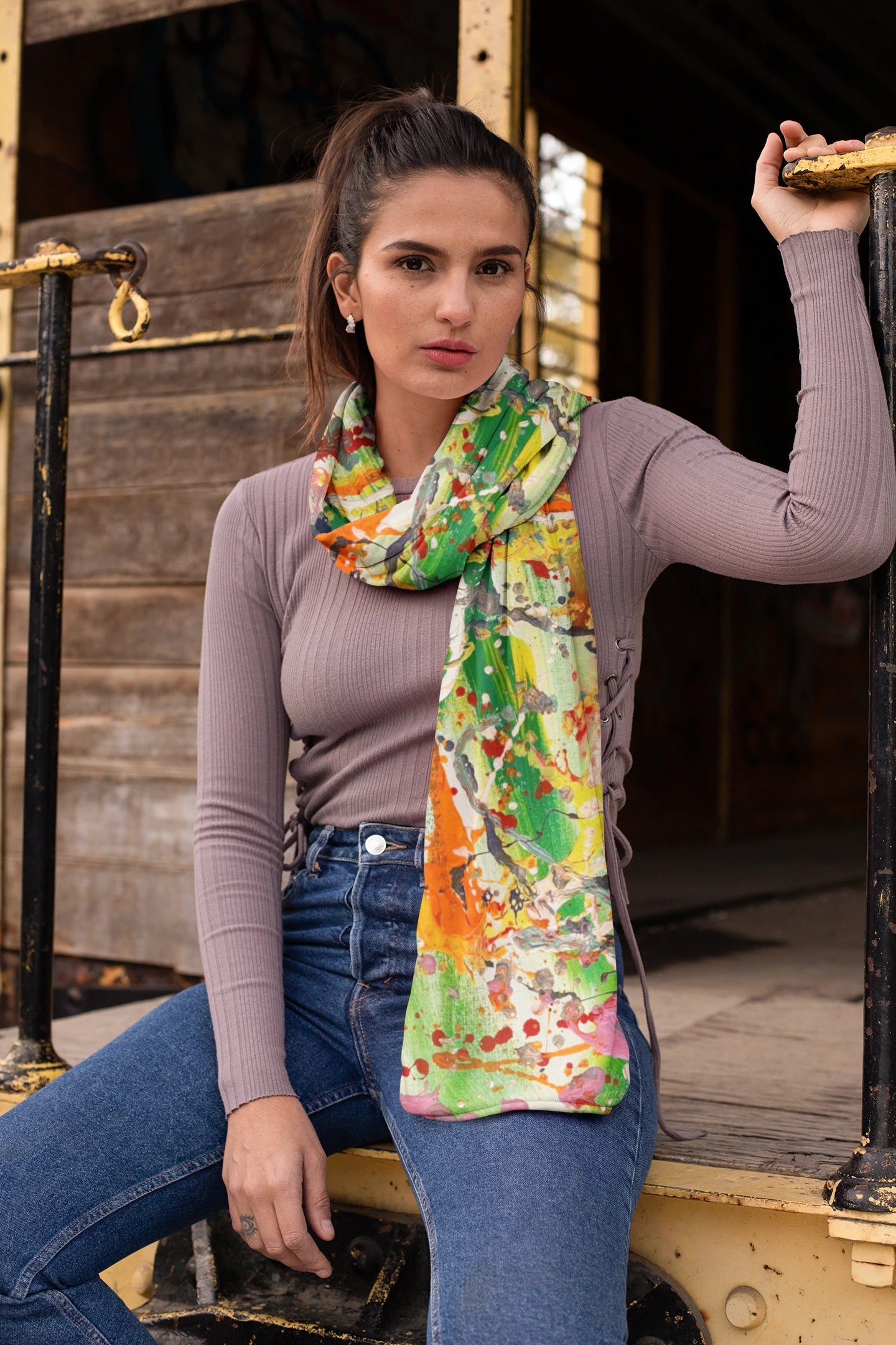 Harmonious Silk Scarf in Lively green, Fiery Orange and Soft Purple