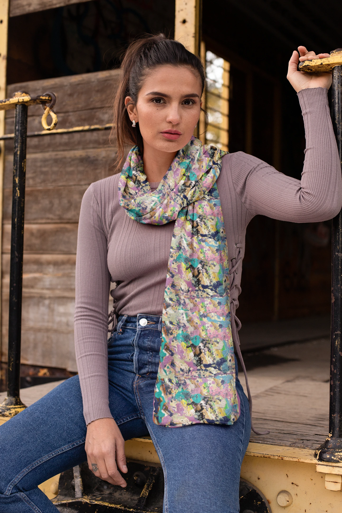 Elegant Silk Scarf in Soft Purple and Turquoise Blue