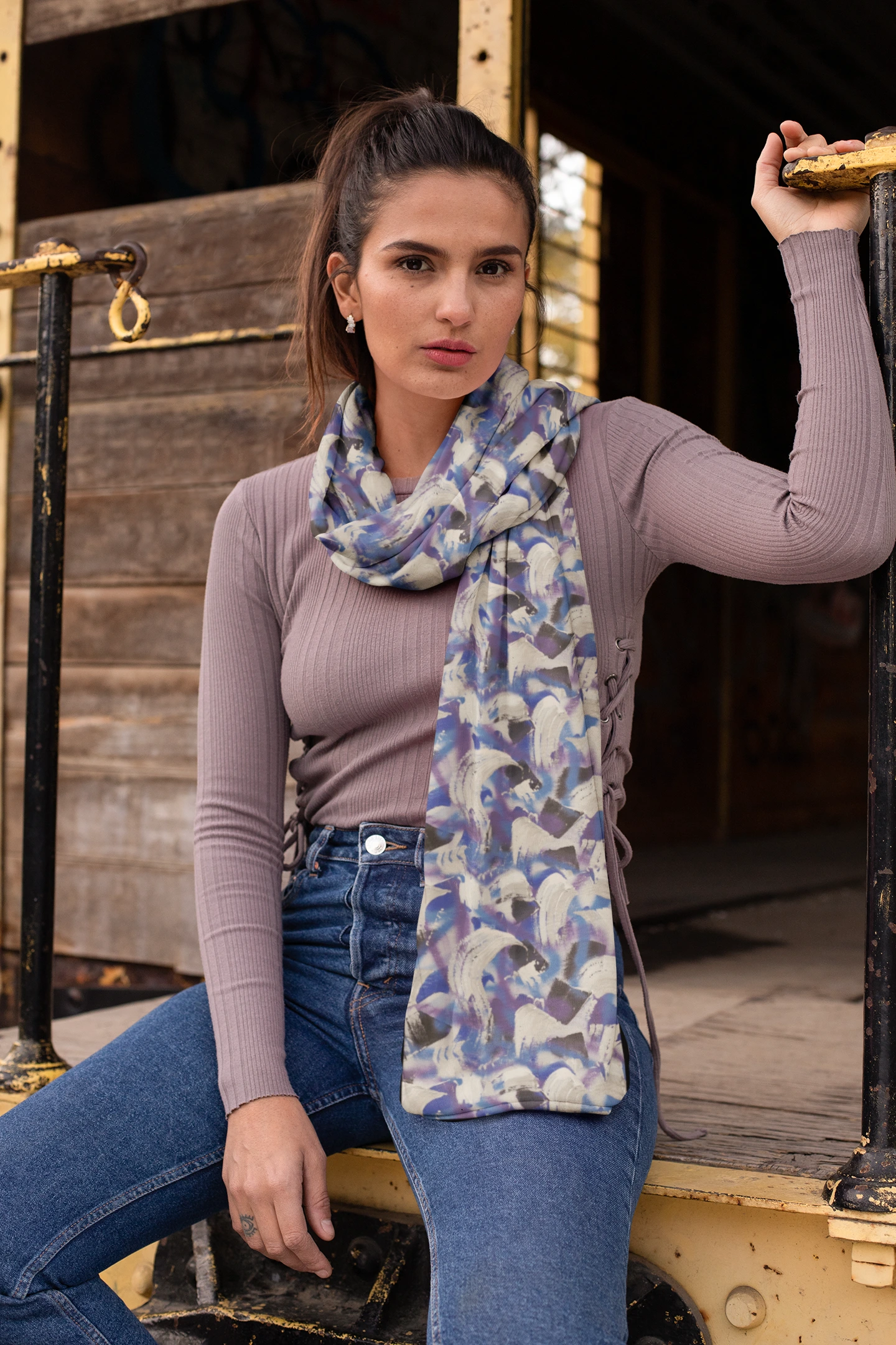 Sophisticated Silk Scarf in Deep Violet, Vibrant Blue and Shimmering Silver