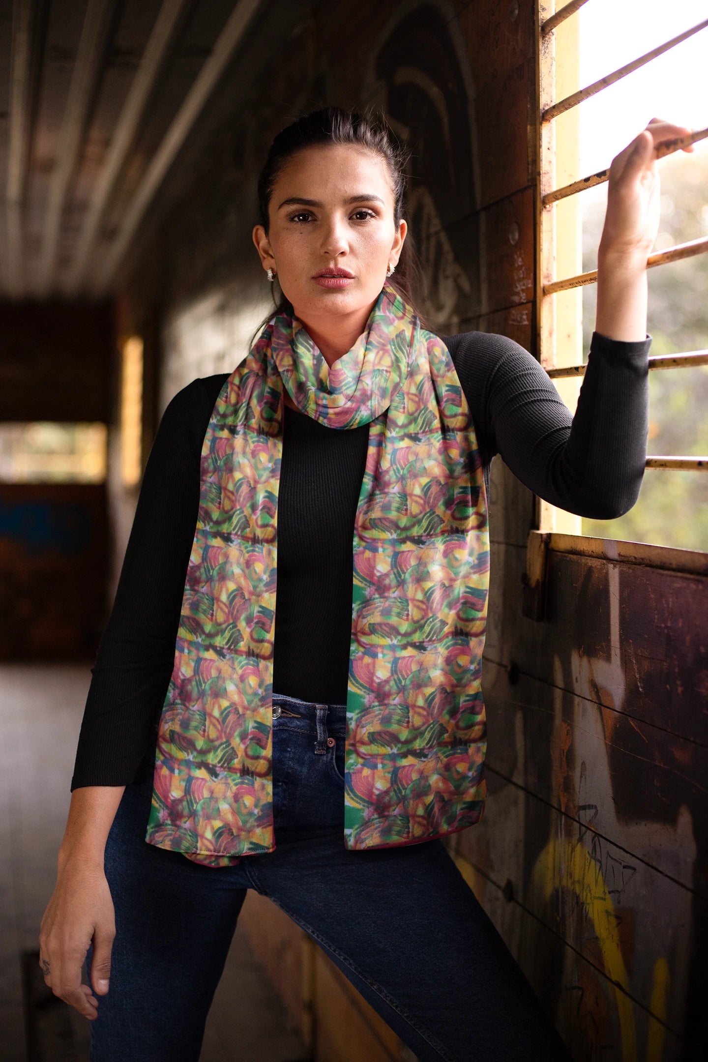 Refreshing Silk Scarf in Red, Green, Golden Yellow and Soft Orange