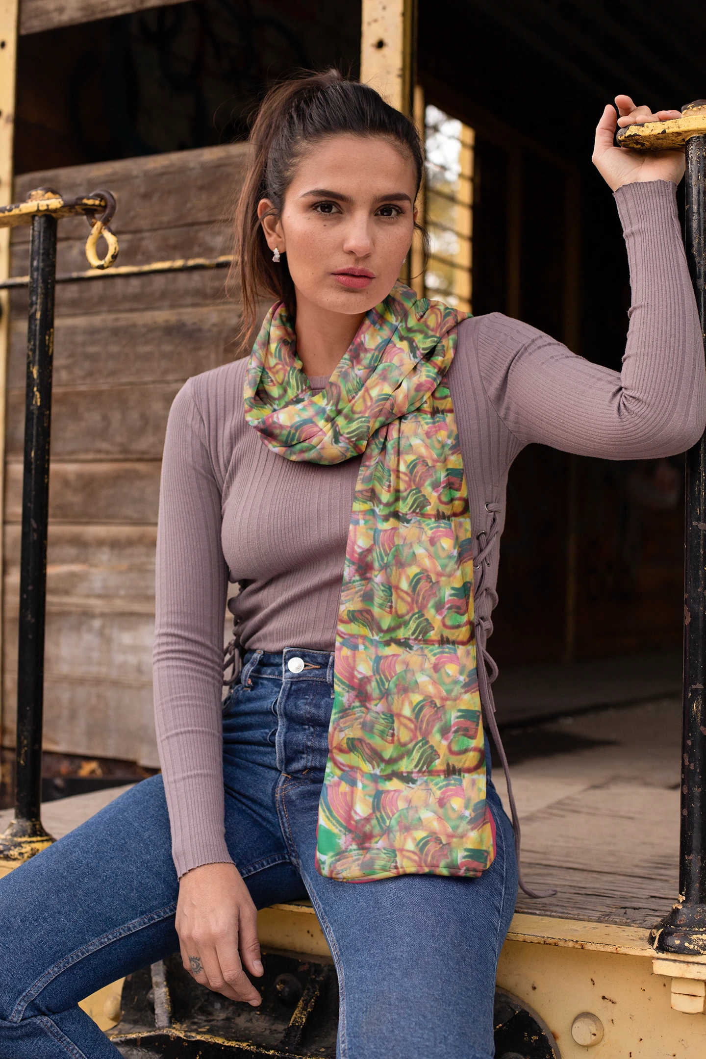 Refreshing Silk Scarf in Red, Green, Golden Yellow and Soft Orange