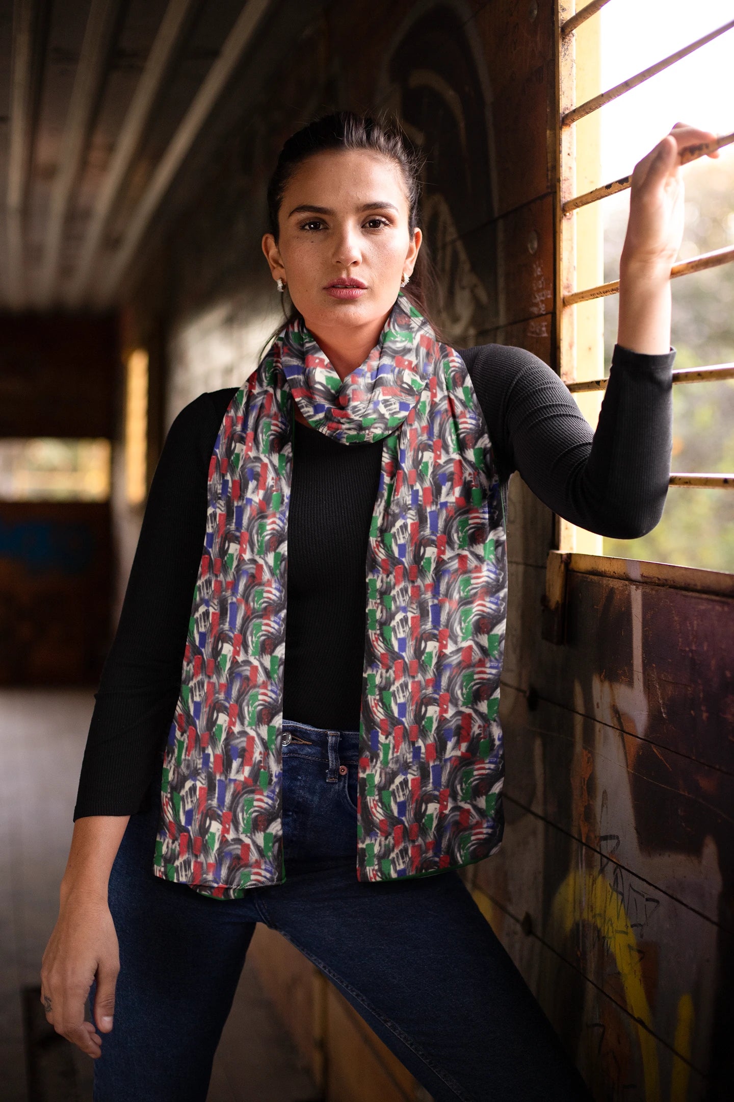 Striking Silk Scarf in Black Swirls and Red, Green Blocks