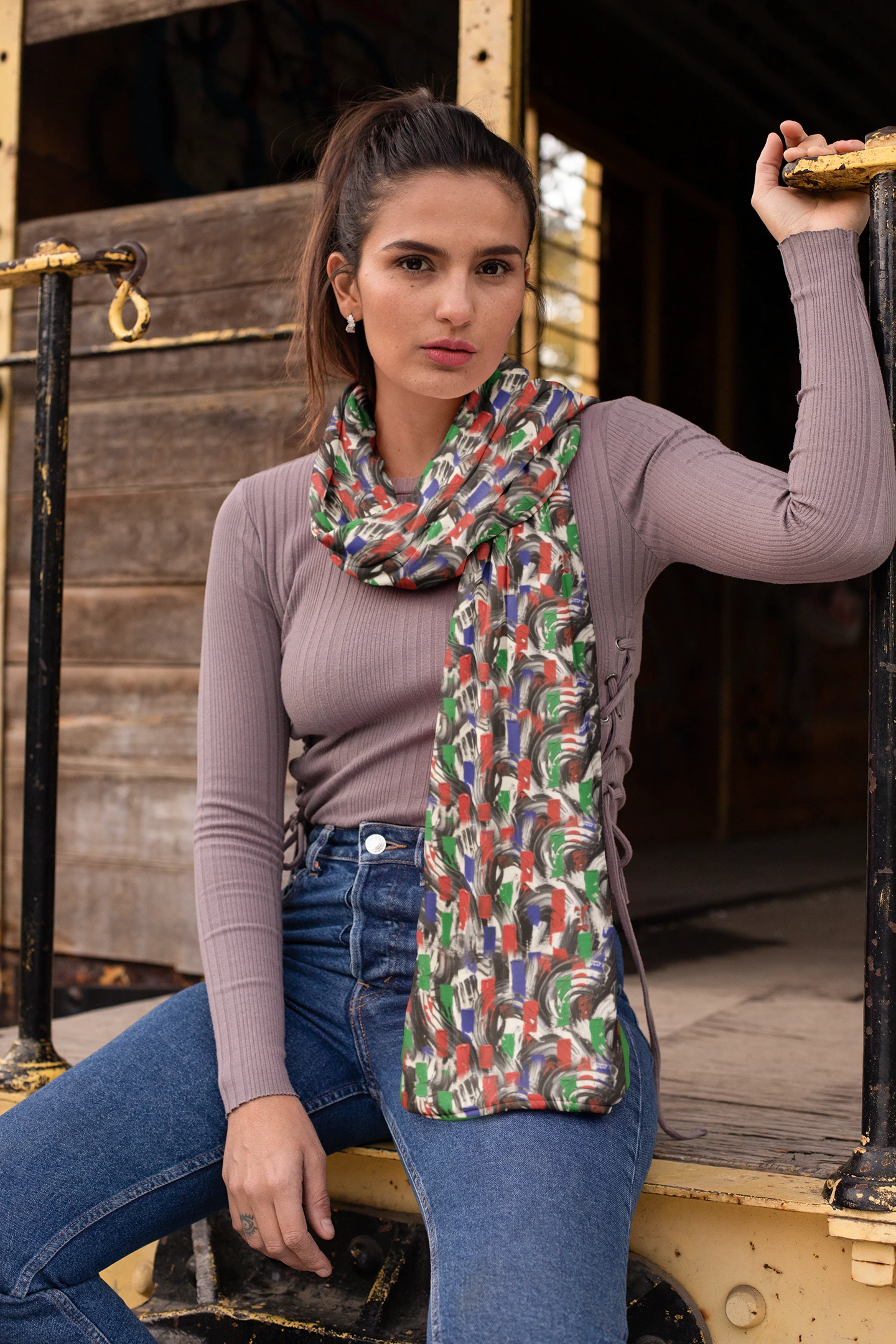 Striking Silk Scarf in Black Swirls and Red, Green Blocks