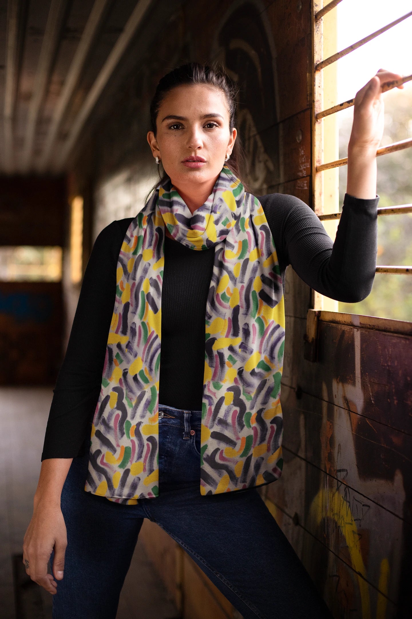 Playful Silk Scarf in Black, Yellow and Green