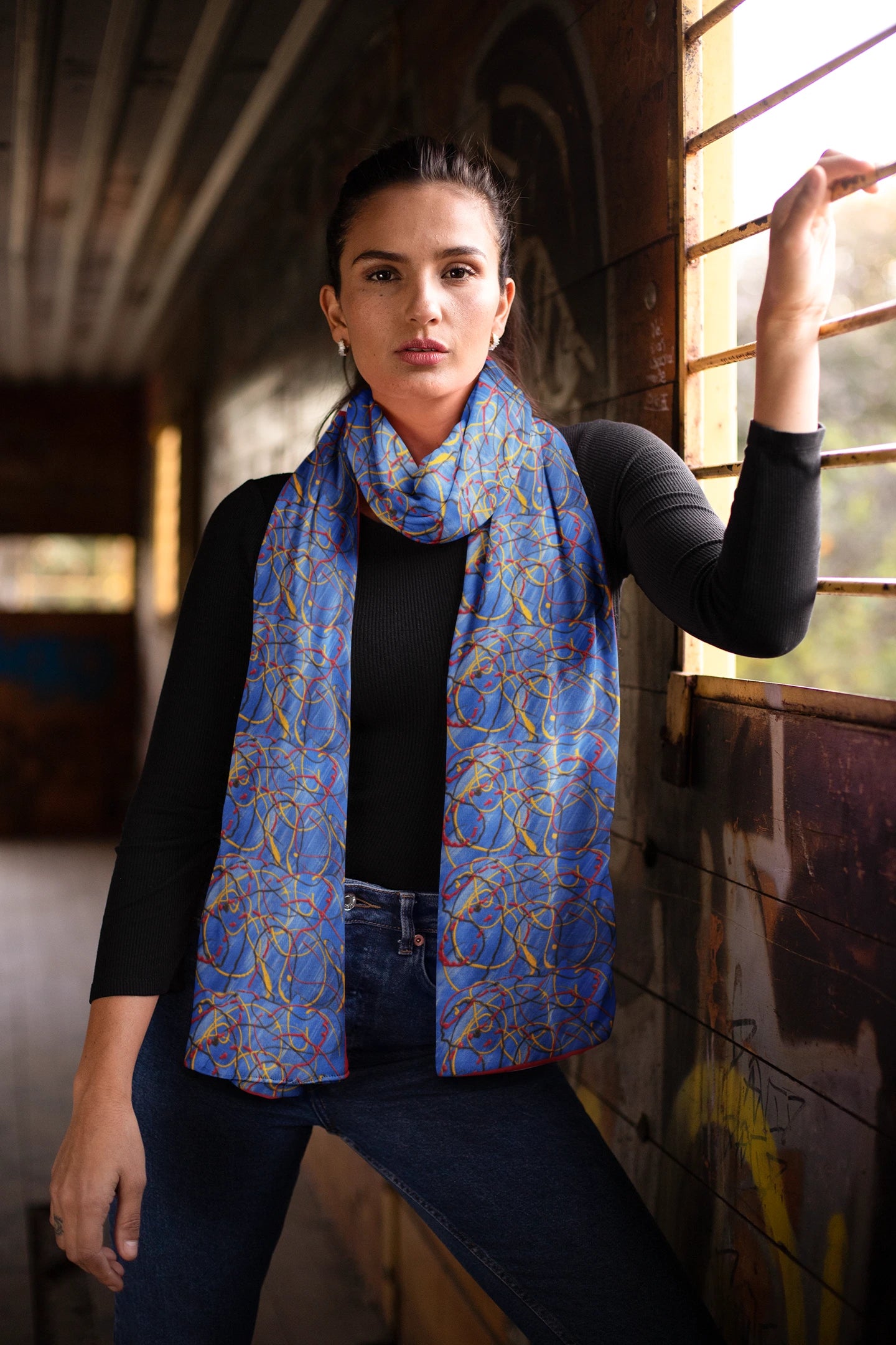 Energetic Silk Scarf in Bold Blue, Red and Yellow