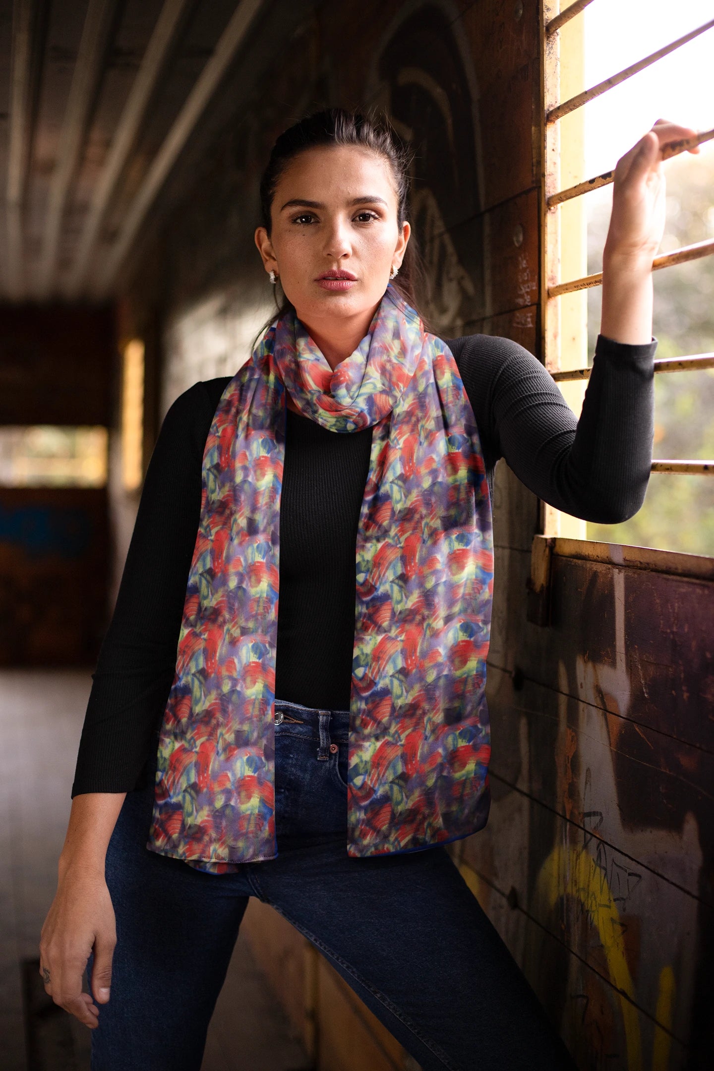 Dynamic Silk Scarf in Red, Green and Purple