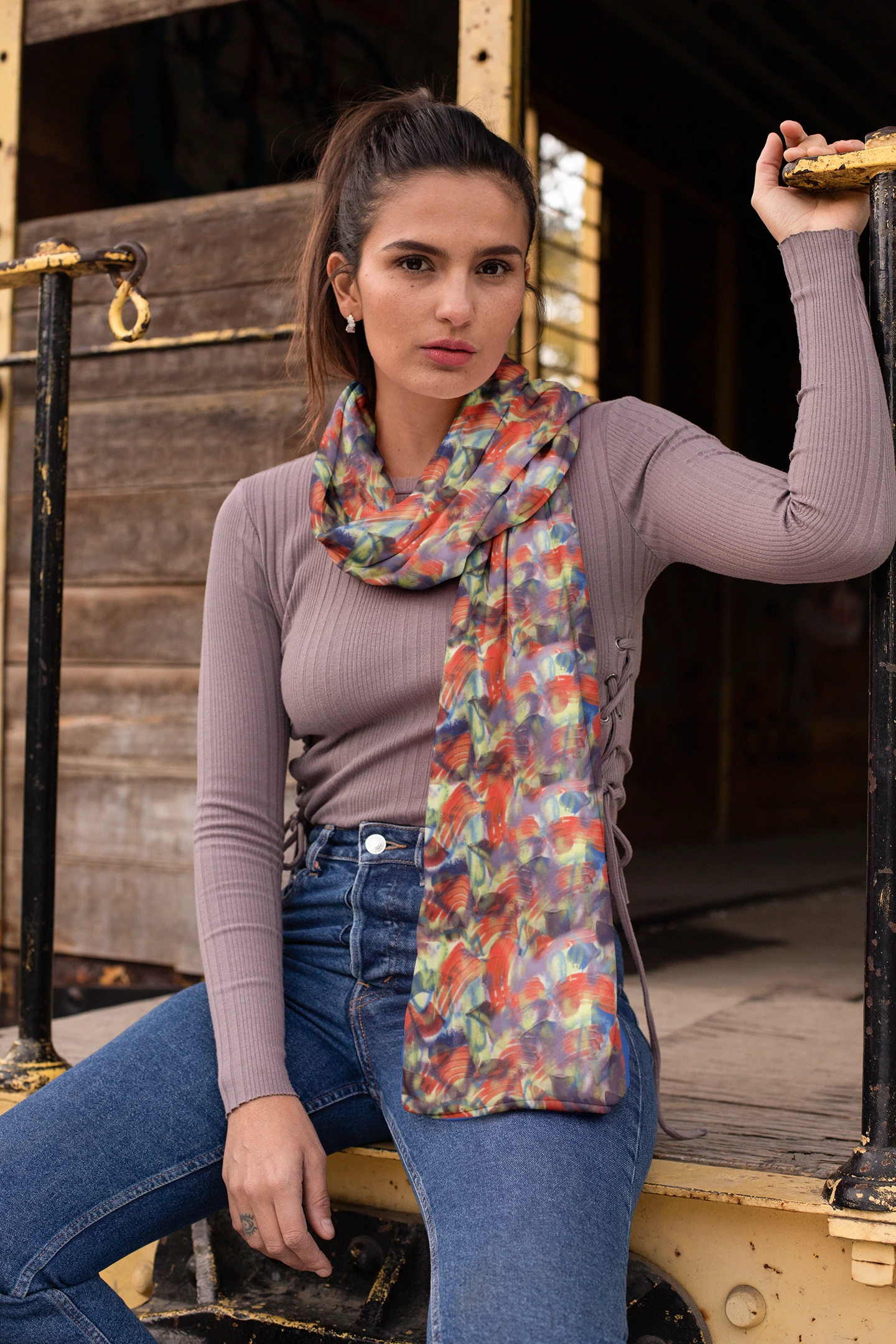 Dynamic Silk Scarf in Red, Green and Purple