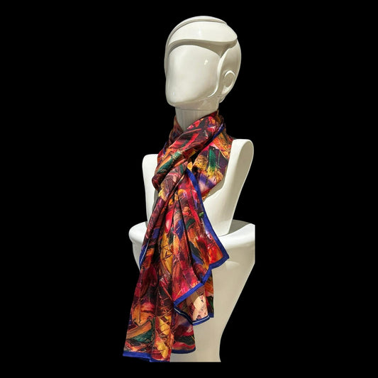 Expressive Silk Scarf in Red, Gold and Purple