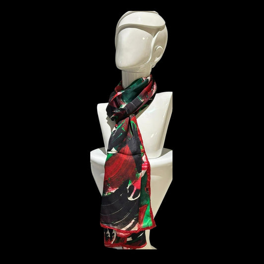 Bold Silk Scarf in Black Arcs and Red Splashes