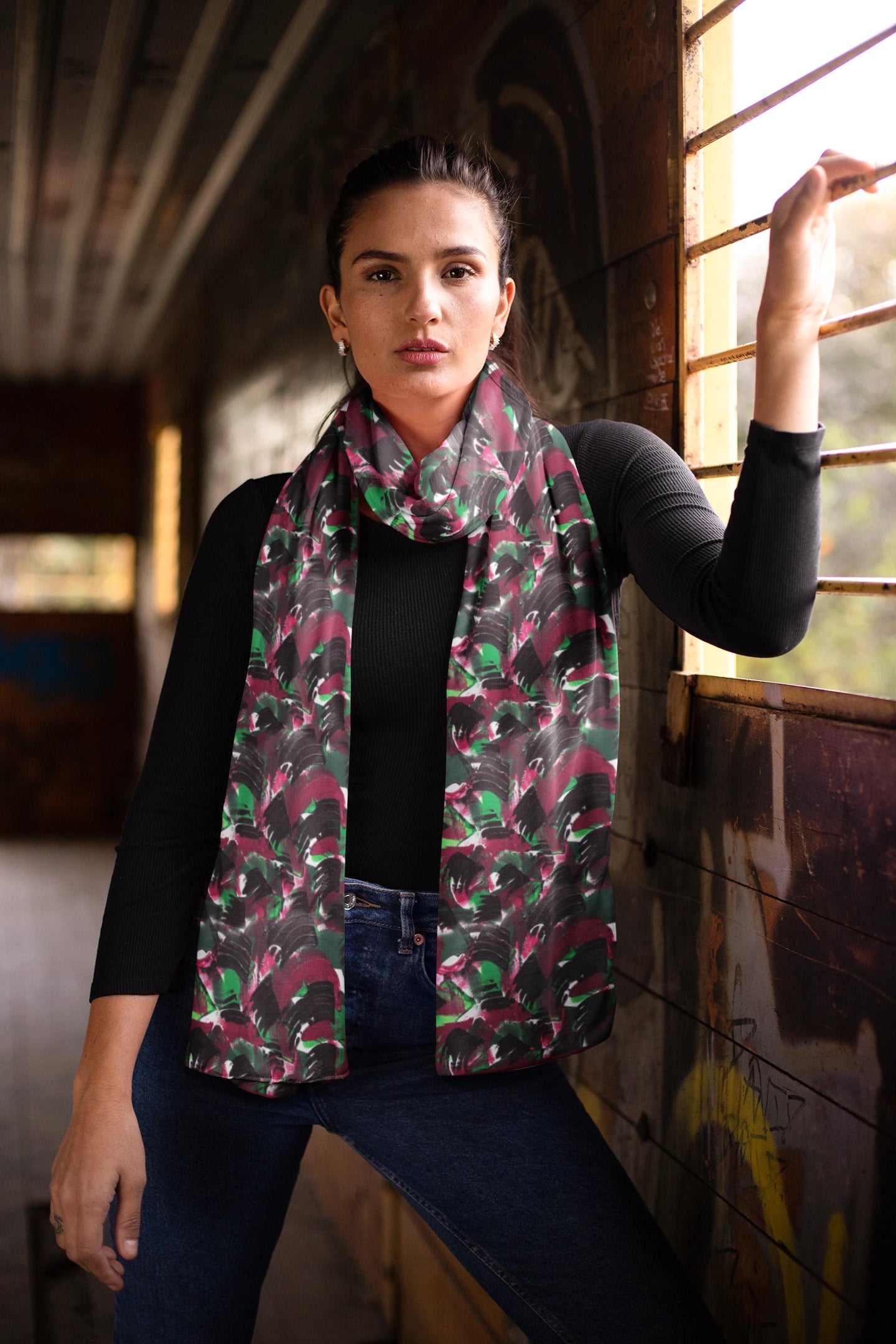 Bold Silk Scarf in Black Arcs and Red Splashes
