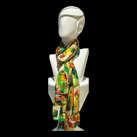 Harmonious Silk Scarf in Lively green, Fiery Orange and Soft Purple