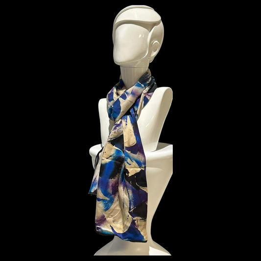 Sophisticated Silk Scarf in Deep Violet, Vibrant Blue and Shimmering Silver