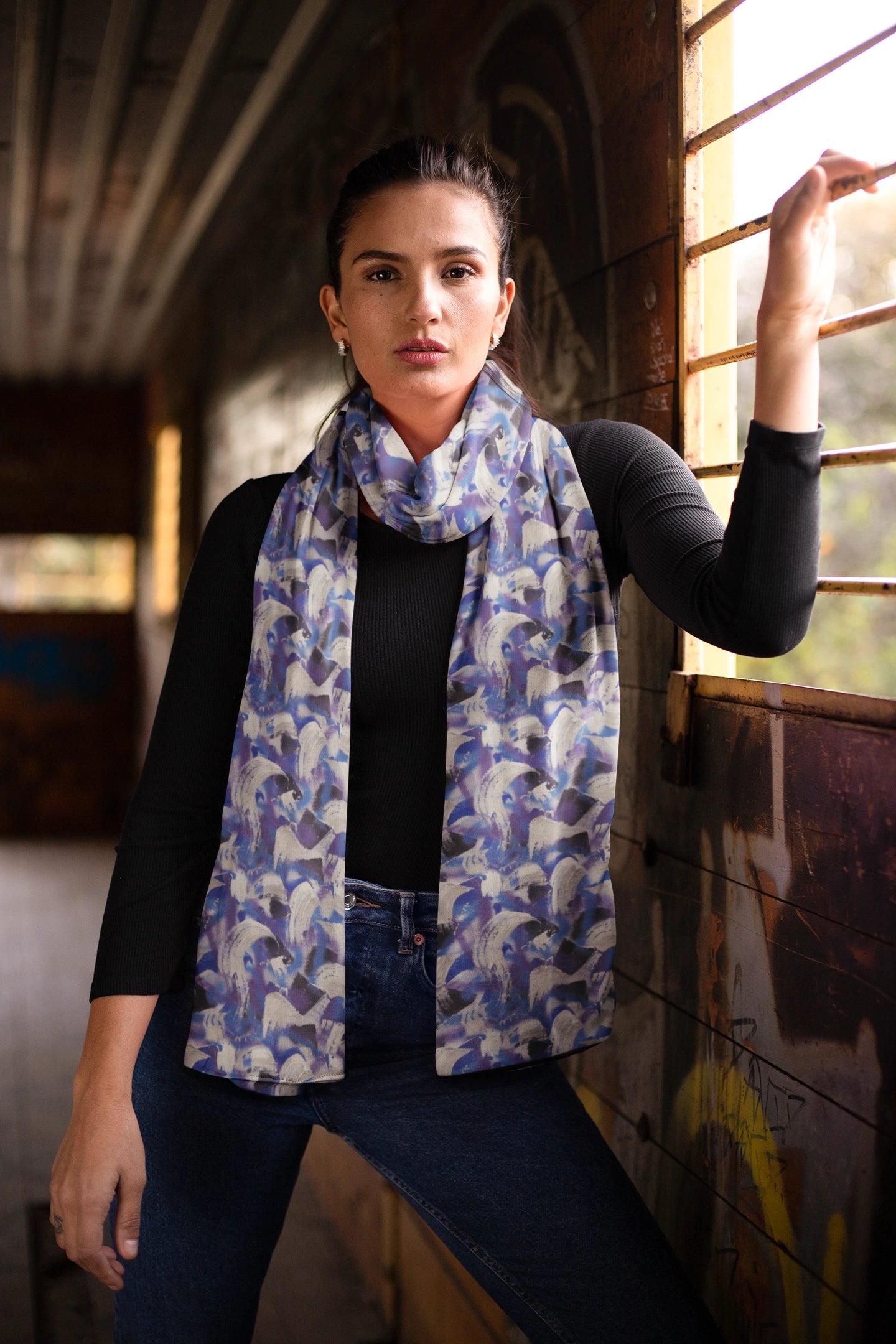 Sophisticated Silk Scarf in Deep Violet, Vibrant Blue and Shimmering Silver