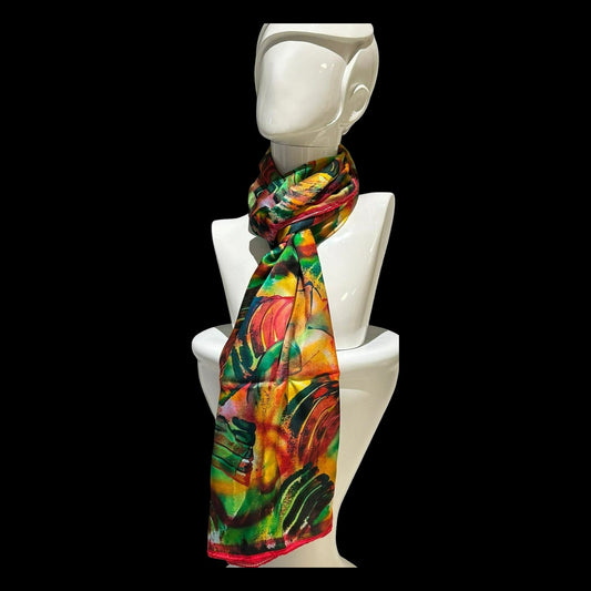 Refreshing Silk Scarf in Red, Green, Golden Yellow and Soft Orange