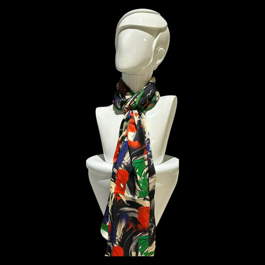 Striking Silk Scarf in Black Swirls and Red, Green Blocks