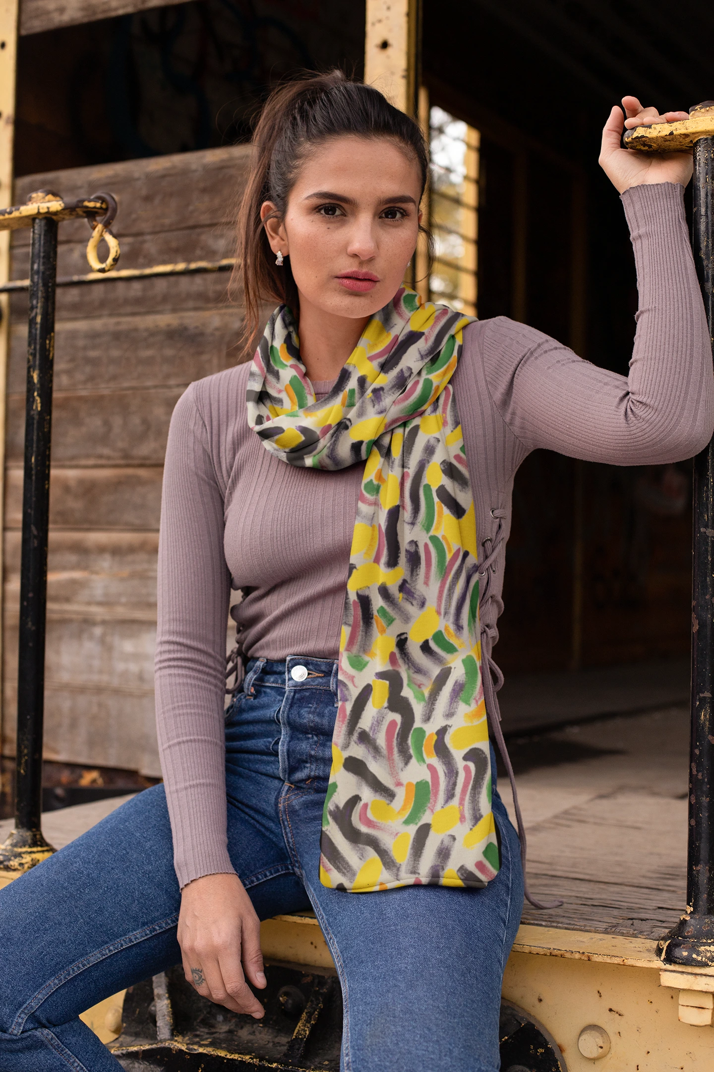 Playful Silk Scarf in Black, Yellow and Green