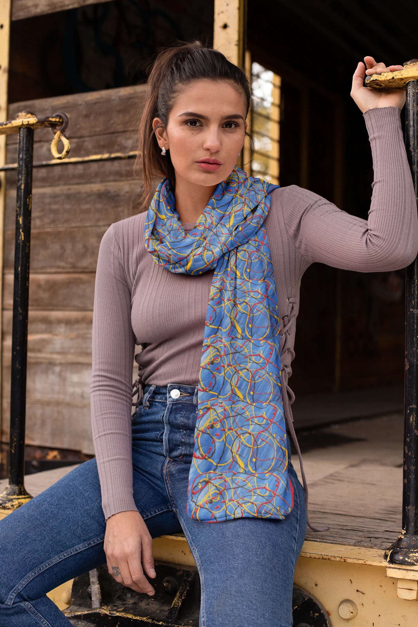 Energetic Silk Scarf in Bold Blue, Red and Yellow